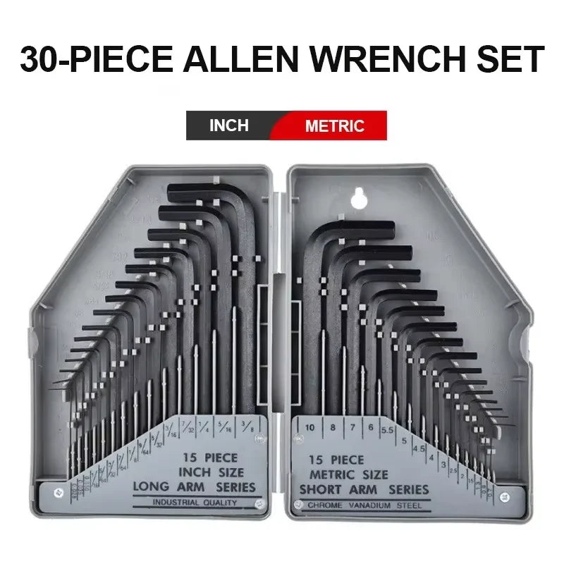 30Pcs Wrench Set Hex Key Wrench 0.028"- 3/8" Inch & 0.7mm-10mm Metric Size Chromium-vanadium Steel Spanner Long Arm Tool
