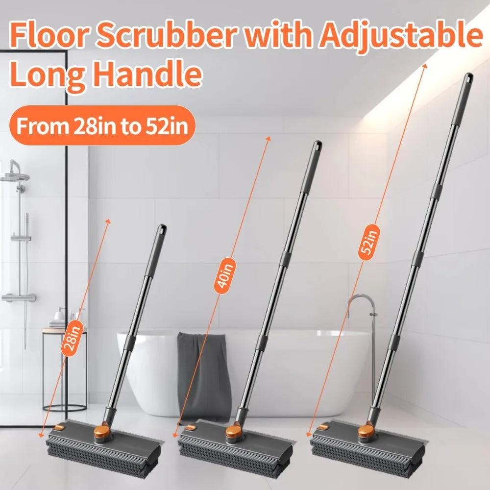 3 in 1 Floor Scrub Brush,Floor Scrubber with Squeegee and Tweezer, Push Broom with Long Handle,Heavy-Duty Stiff 90° Bristle Broom for Patio,Shower, Garage,Deck,Tile, Concrete & Wood Surface