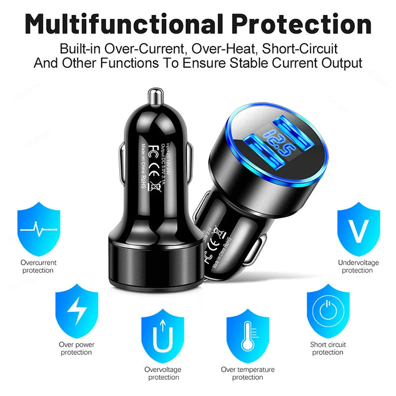 Dual USB Car Charger LED Display 3.1A Output ABS Adapter Low Temperature Protection For Tablet Smartphone For iPhone 17 16 Pro