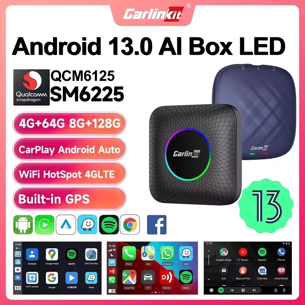2026 CarlinKit CarPlay AI Box Android 13.0 SM6225 8-Cores Android Auto Wireless CarPlay Adapter 2.4+5GGPS 64G 128G FOTA Upgrade