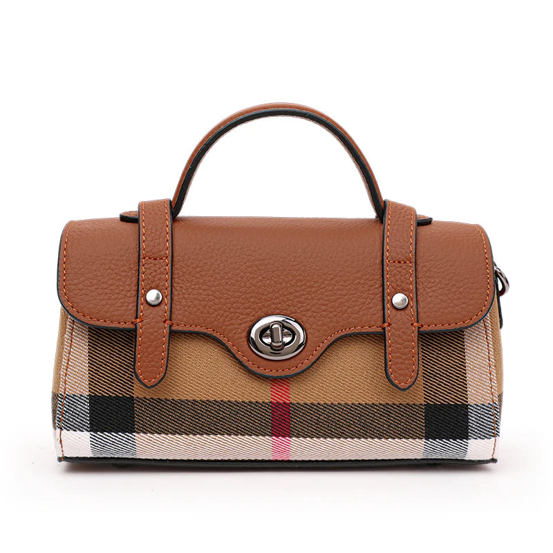 Women's New Style Summer Trendy Casual Versatile Canvas Plaid Small Square Genuine Leather Crossbody Bag