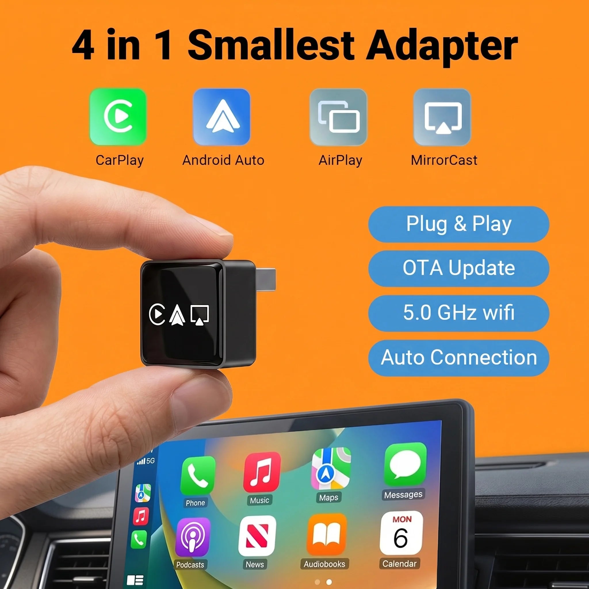 4in1 Wireless Adapter, Universal Mini CarPlay Android Auto Dongle with AirPlay MirrorCast Function for Car Entertainment