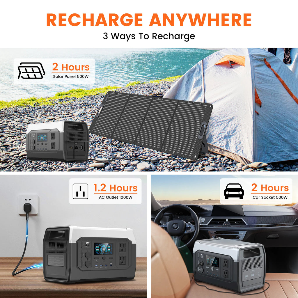 CTOLITY 1800W Camping Portable Power Station Outdoor 1024Wh Lifepo4 AC Outdoor Solar Generator 200W 20.5V Flexible Solar Panel