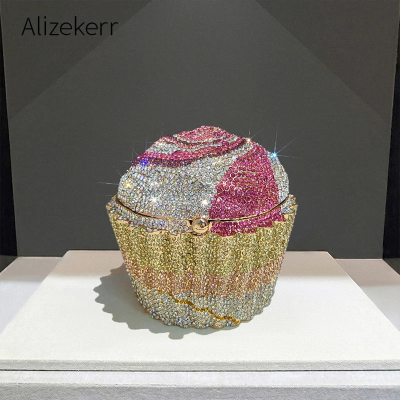 Alizekerr Cupcake Shape Rhinestone Evening Bag Women Chic Sparkly Diamond Mini Metal Clutch Purse And Handbag Wedding Party Prom