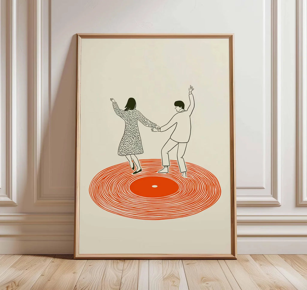 Dancing Couple Wall Art Print, Retro Record Player Poster, Modern Music Inspired Illustration for Home Bar or Living Room