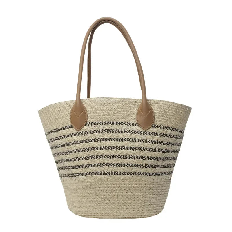 Striped Woven Straw Beach Tote Bag Large Capacity Nail Detail Shoulder Bag for Women Seaside Vacation Vegetable Basket