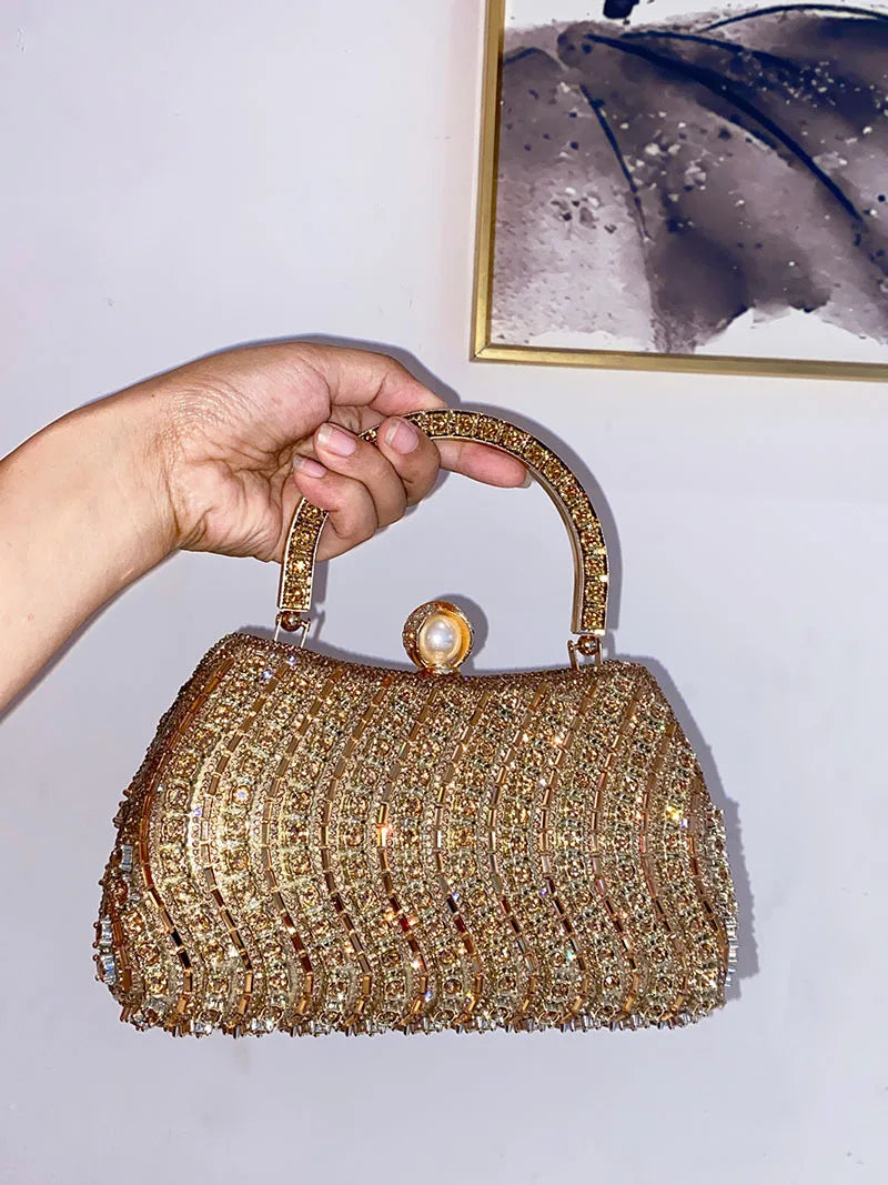 Trendy Gold Rhinestone Bag Fashionable Full Diamond Hand-Held Party Dinner Bag with Polyester Lining