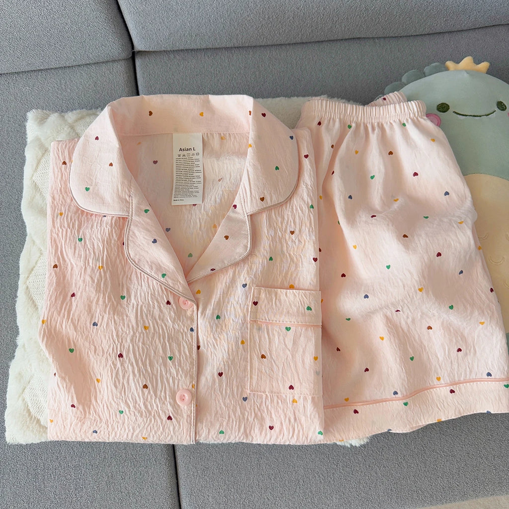Women's Summer Thin Pajamas with Heart-Shaped Pattern, Short-Sleeved Shorts, Sweet and Cute, Can Be Worn Outside in Summer, Two-Piece Home Wear Set