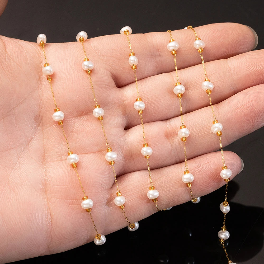 1Meter Stainless Steel Beaded Chain Imitation Pearl Chain Necklace Chain Handmade Accessories for DIY Jewelry Making Components