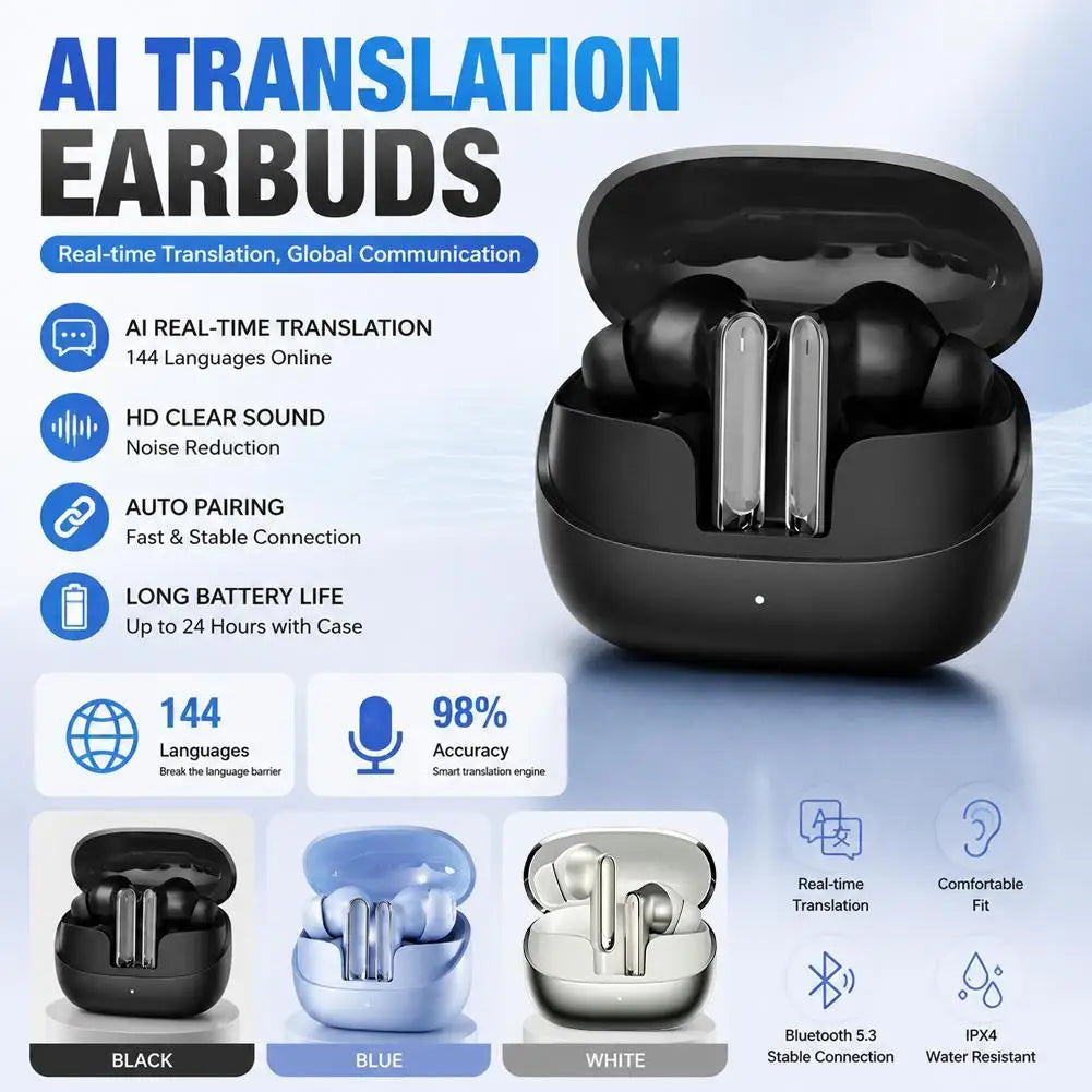 AI Translation Earbuds Real-time Translator Wireless Bluetooth 5.3 Headphones 144 Languages Noise Reduction Smart Earphones