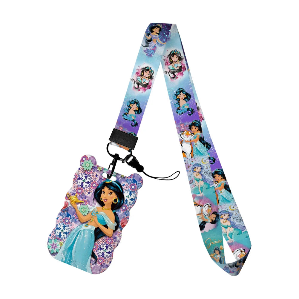 Disney Jasmine Princess Irregular Head Shape Badge Holder Lanyard Keys Chain ID Credit Card Cover Bus Card Holder Glitter Charms