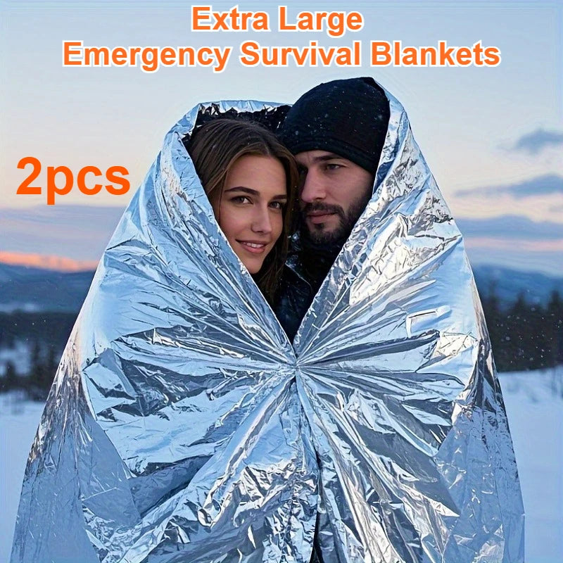 2pcs Extra Large Emergency Survival Blankets Extended 62x83inch Heavy-Duty Thermal Insulation Aluminum Foil Camping Hiking Home