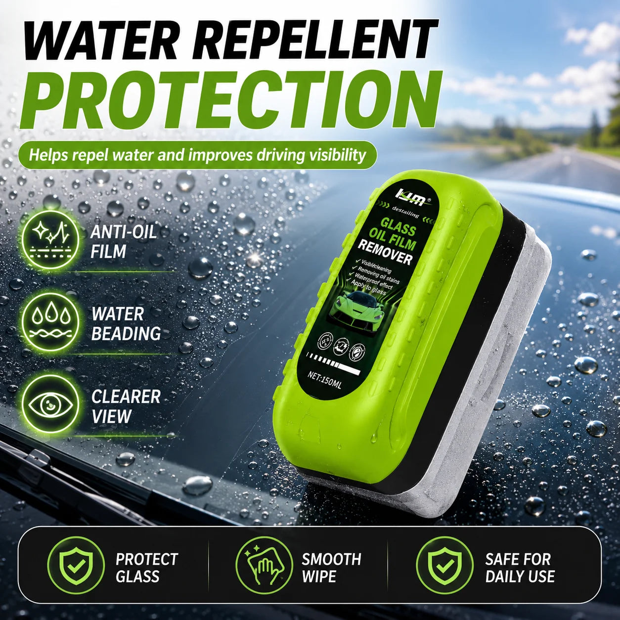 Car oil film cleaning agent, window front windshield rainproof and anti fog agent, coating remover Accessories