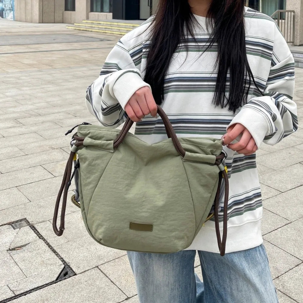 Retro Contrast Color Drawstring Shoulder Bag Webbing Large Capacity Tote Bag Multi-pocket Korean Style Handbag Date