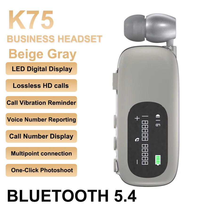 K75 Lavalier Business Headset Bluetooth 5.4 Bass Earphone HD Call Vibration Reminder+Voice Number Reporting Wireless Headphone