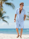 Men's Classic Solid Color Linen Breathable Shirt & Shorts Set, Regular Fit Casual Short Sleeve Button Down Top & Shorts, Men's