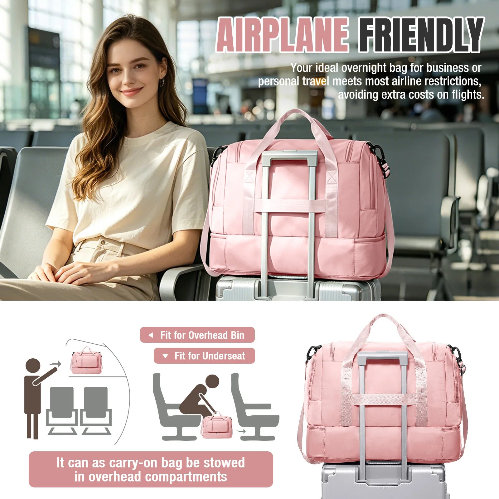 Travel Bag for  Women - Waterproof Large Capacity Multi-Pocket Hand Luggage Bag Gym Bag Weekender Travel Clothing Storage Bag