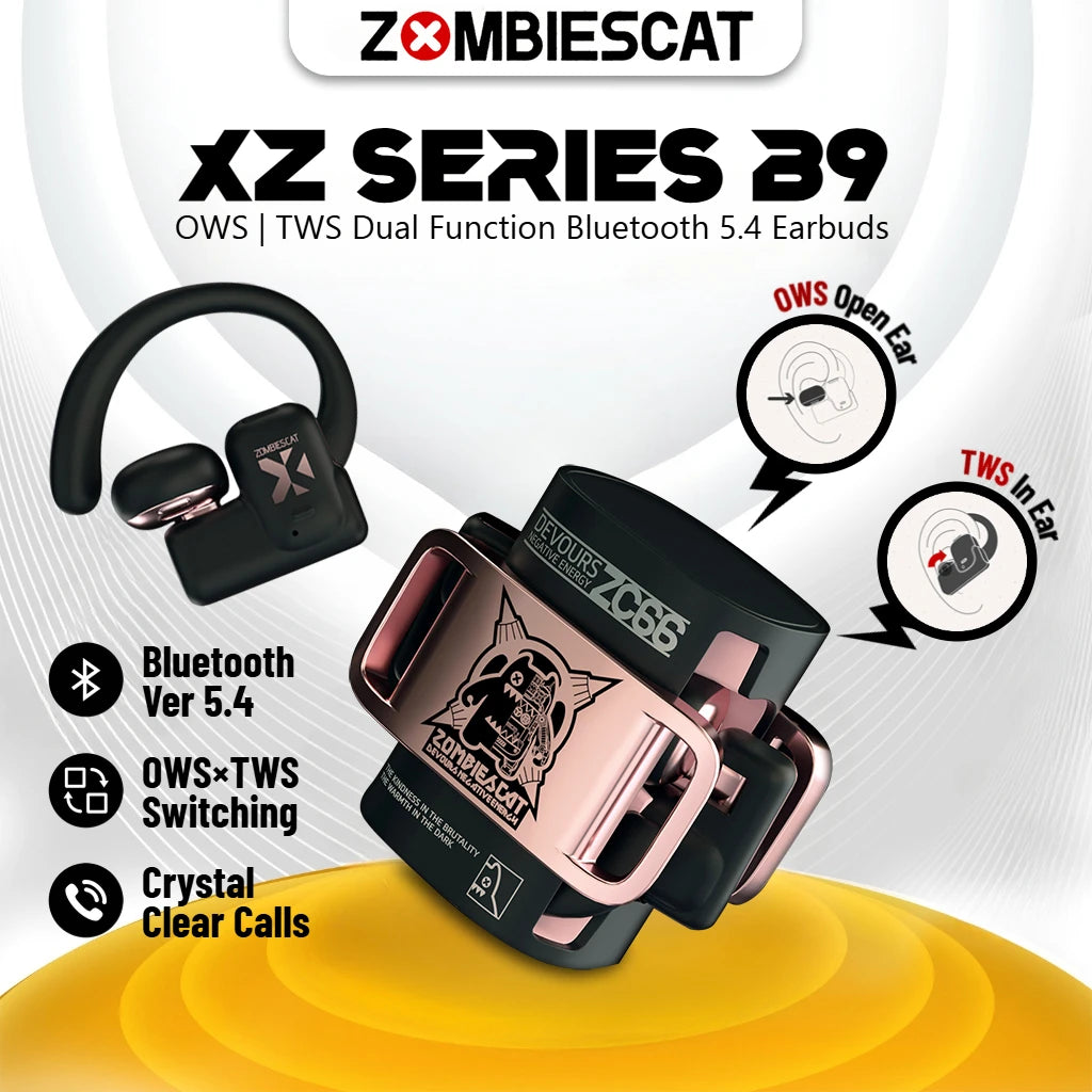 Zombies Cat B9 OWS/TWS Wireless Earbuds Open Ear/in Ear Dual Mode Bluetooth 5.4 Earphones Crystal Clear Calls Wireless Headphone