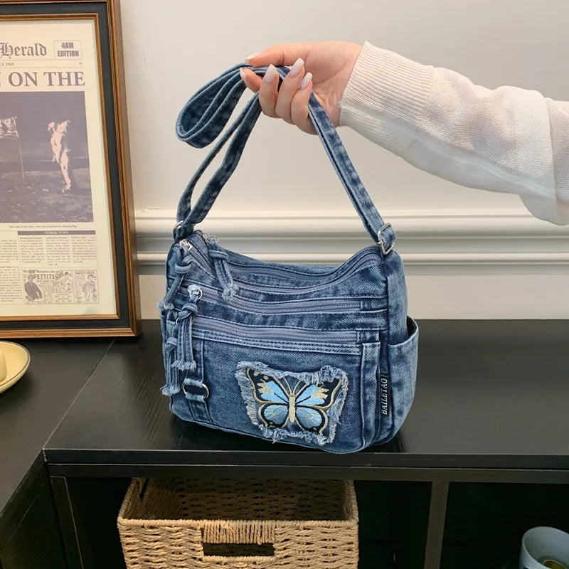 Korean Version Denim Crossbody Bag with Cute Butterfly Embroidery – Adjustable Strap, Multi-Pocket Small Sling for Women