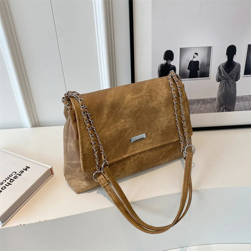 2025 Winter LEFTSIDE Vintage Chain Leather Handbags Women Simple Tote Bag Casual Travel Crossbody Shoulder Bag