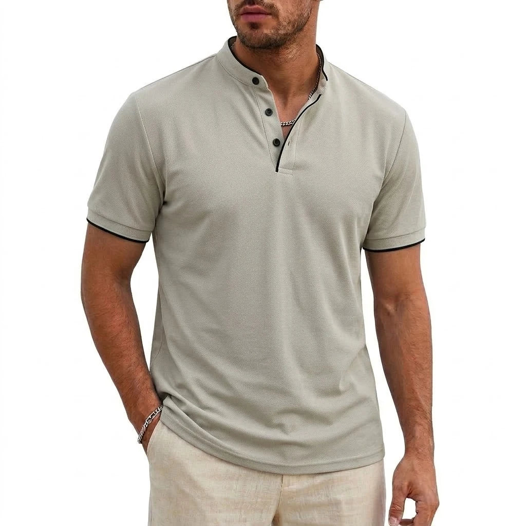 Men Short Sleeve Henley T-Shirt Summer Casual Solid Button-up Shirt V Neck Tee Fitness Breathable Classic Collarless Pullover
