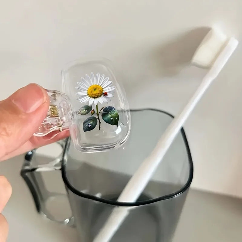2pcs Travel Toothbrush Case Set, Portable & Dust-Proof, Daisy Design, Plastic with Cover, for Business Trips, Compact, Must-Have