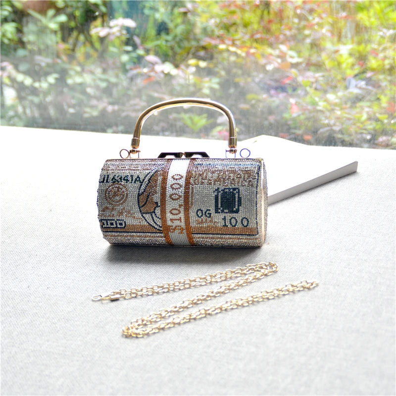 Luxury Money Clutch Rhinestone Purse 10000 Dollars Stack of Cash Evening Handbags Shoulder Wedding Dinner Bag Wallet
