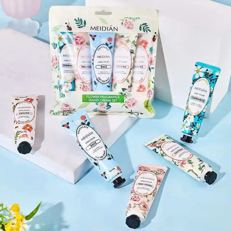 Five piece fruit scented hand cream for moisturizing and long-lasting fragrance retention. Hand care mask cream