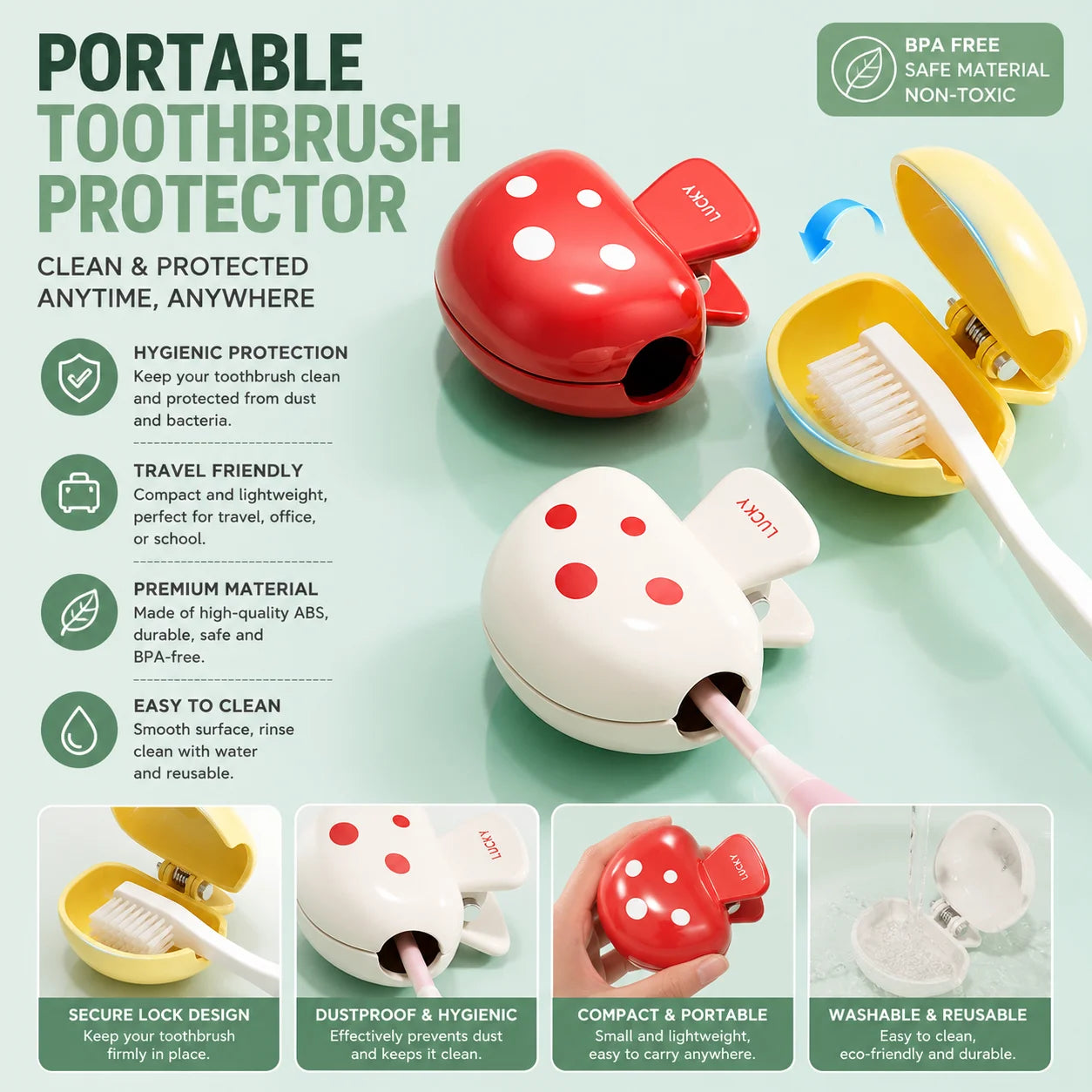 Mushroom toothbrush clip, travel toothbrush cover, dustproof toothbrush head protection clip, household outdoor storage box