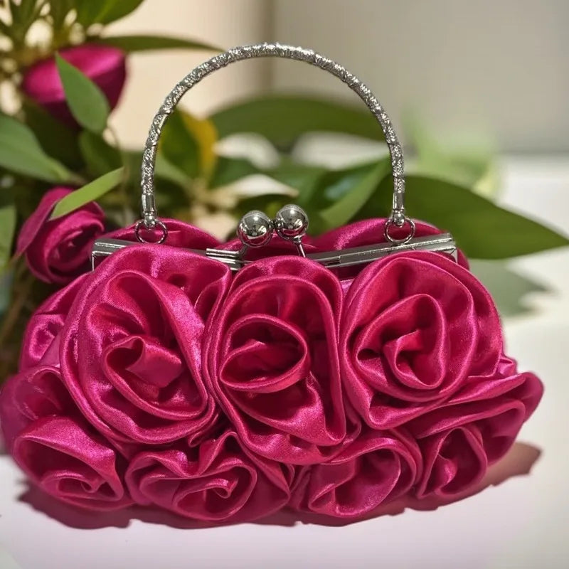 Satin Flower Clutch Bag Roses Handbag Evening Bag Sweet Style Soft Square Shape Handheld Bag for Bride Party Dinner 2026 New