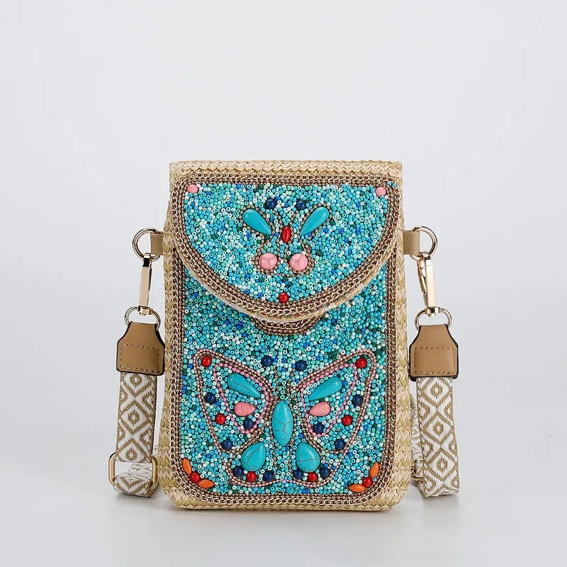 Advanced straw woven crossbody bag, new fashionable rice bead bag, European and American woven women's shoulder phone bag