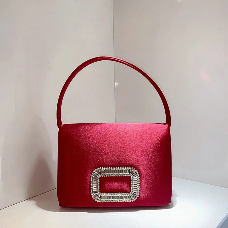 Luxury Diamond Square Button Women's Evening Bag Party Clutch Purses Satin Rhinestone Small Square Bag Chains Shoulder Bag Bolsa