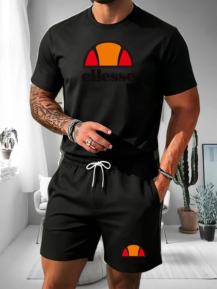 2026 Summer New Men's Fashion Outdoor Sports Set Printed Short Sleeve T-shirt+Shorts Loose Home Leisure Two Piece Set