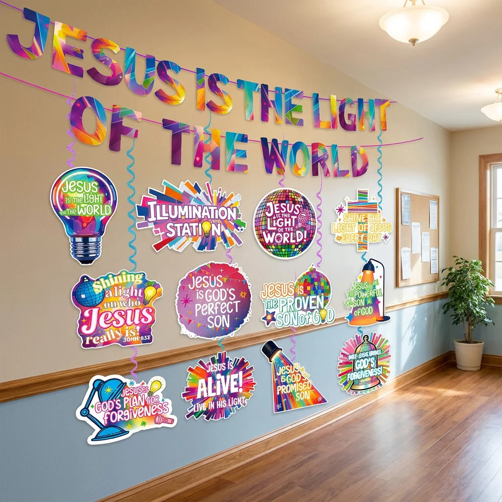 VBS 2026 Decorations Banner The Light of The World Christian Hanging Swirls Religious Sunday Vacation Bible School Church Party