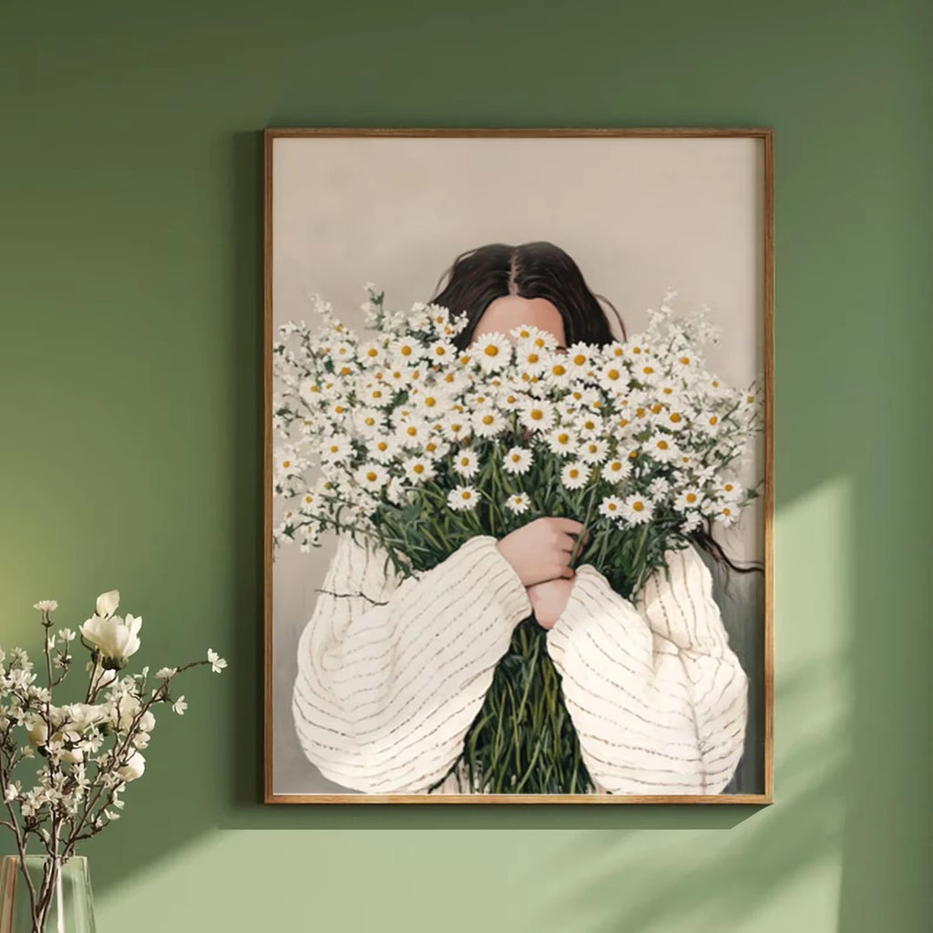 Green Abstract Figures Canvas Print with Flower Woman Minimalist Japandi Female Portrait Art Poster for Modern Living Room Decor