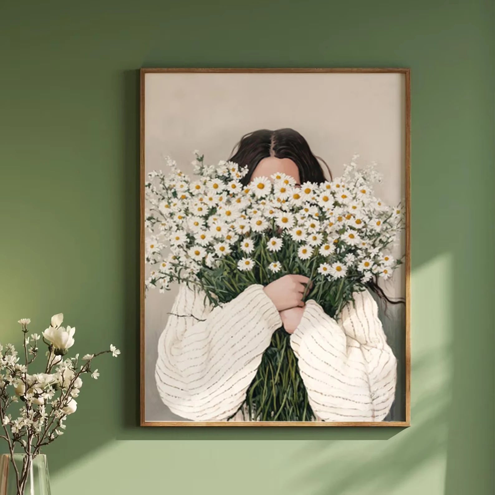 Green Abstract Figures Canvas Print with Flower Woman Minimalist Japandi Female Portrait Art Poster for Modern Living Room Decor