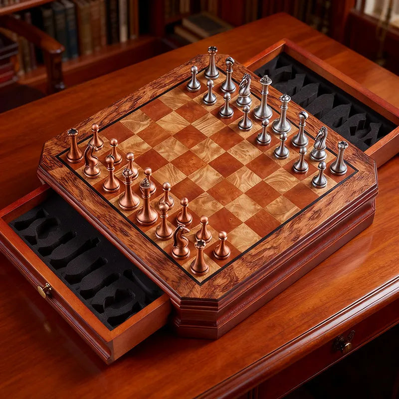 High-end chessboard 30.5cm/12inch international chess set with metal pieces includes 2 additional queens. various holiday gifts.