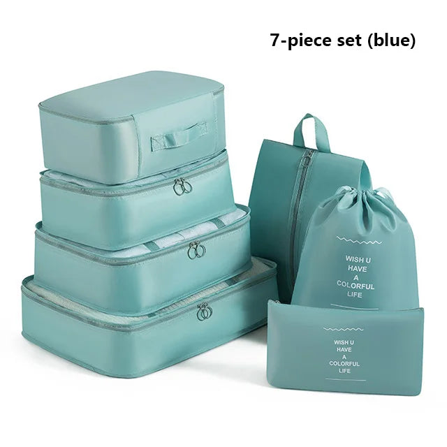 9Pcs Travel Packing Cubes Set Waterproof Luggage Organizer with Drawstring Pouches for Clothes Shoes Cosmetics Underwear - Suitc