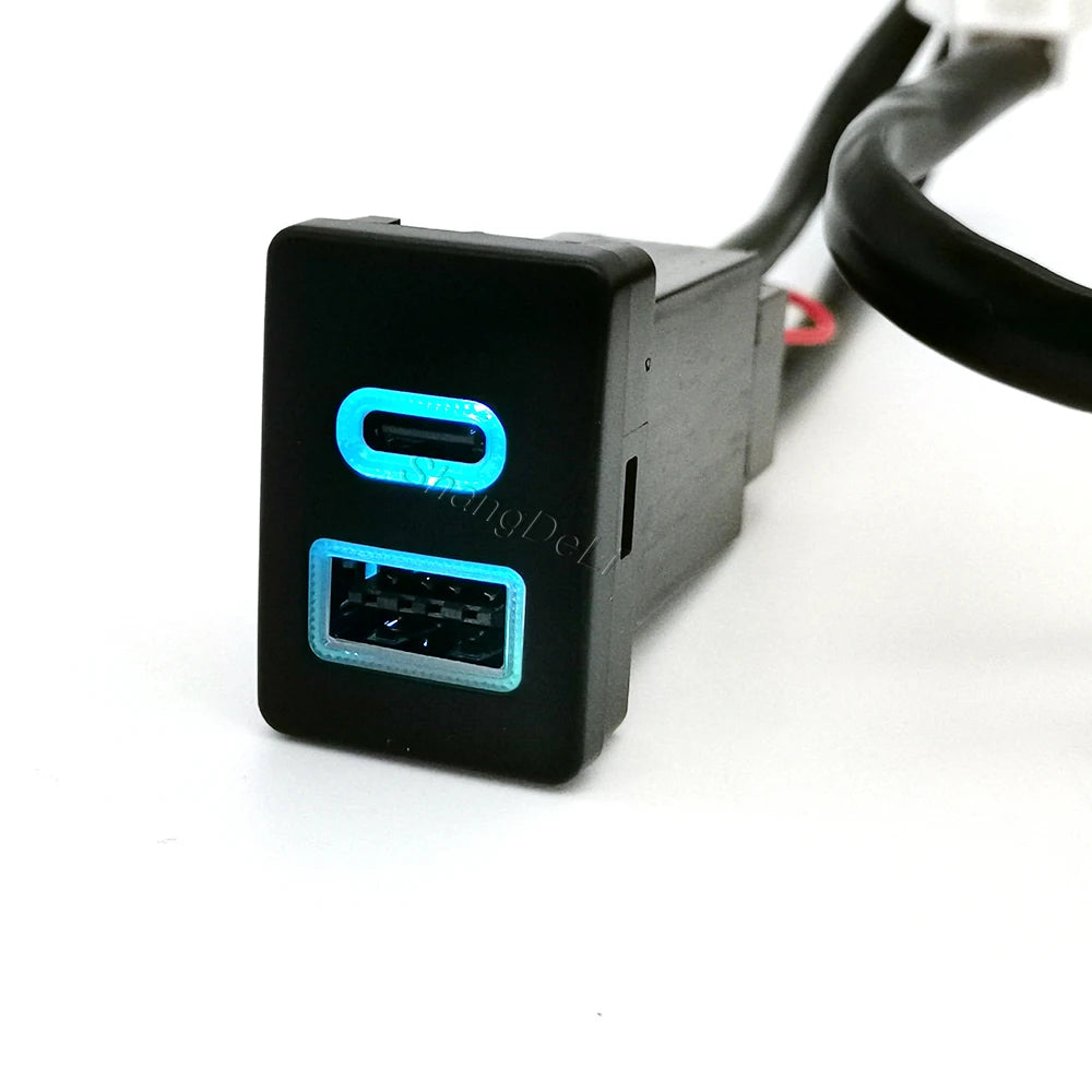 1PC Blue Led Light Car Dual Charger Socket QC3.0 USB Type-C PD Charging Outlet Power Adapter Phone For Toyota LC120 Prado