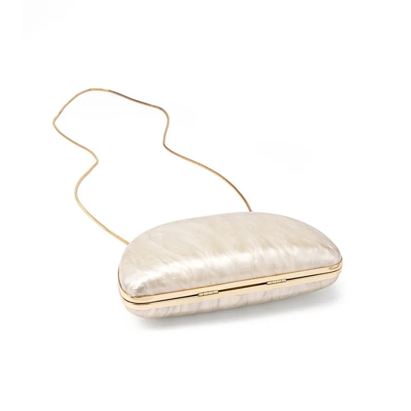 White Shell Shaped Hand-held Box Bag Lipstick Bag New In Fashion Oval Clutch Bag Women Elegant Pearly Luster Chain Crossbody Bag