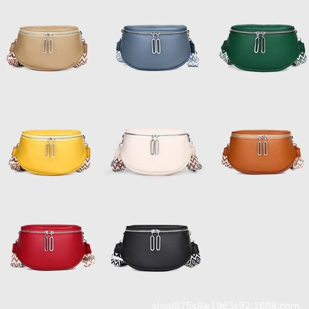 Bum Bag Leather Crossbody Bag Cowhide Texture Double Zippers Saddle Bag Jacquard Strap Solid Color Chest Pack Outdoor Travel