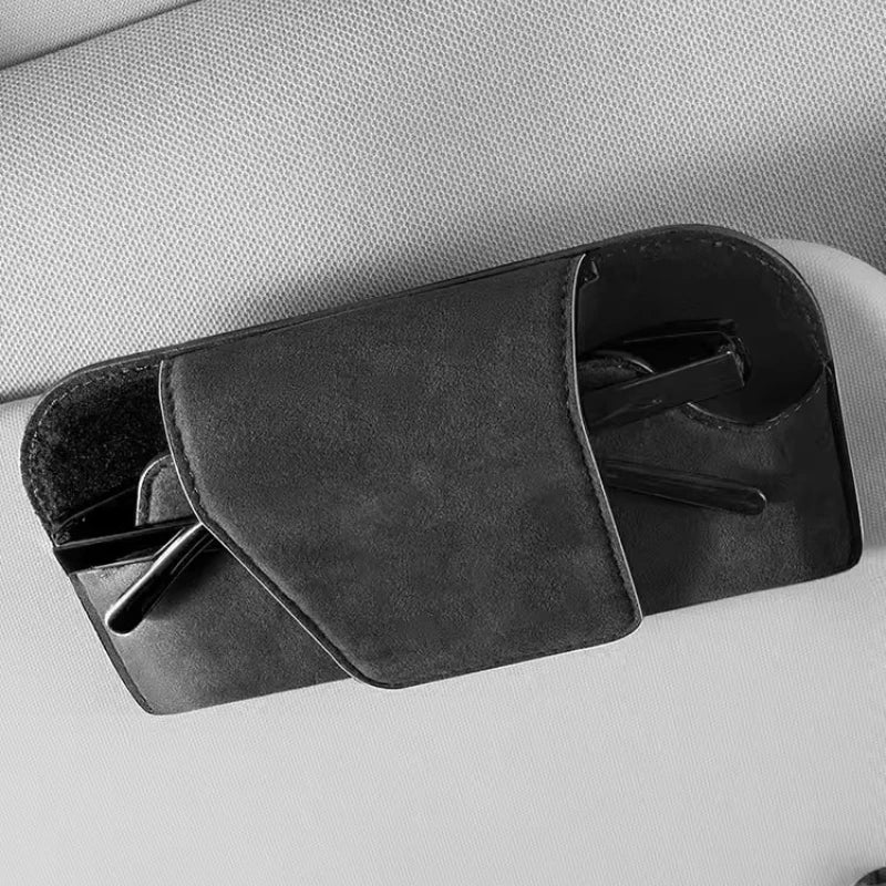 Car Sun Visor Glasses Holder Premium Leather Sunglasses Protective Box Card Ticket Organizer Auto Eyeglasses Storage Case
