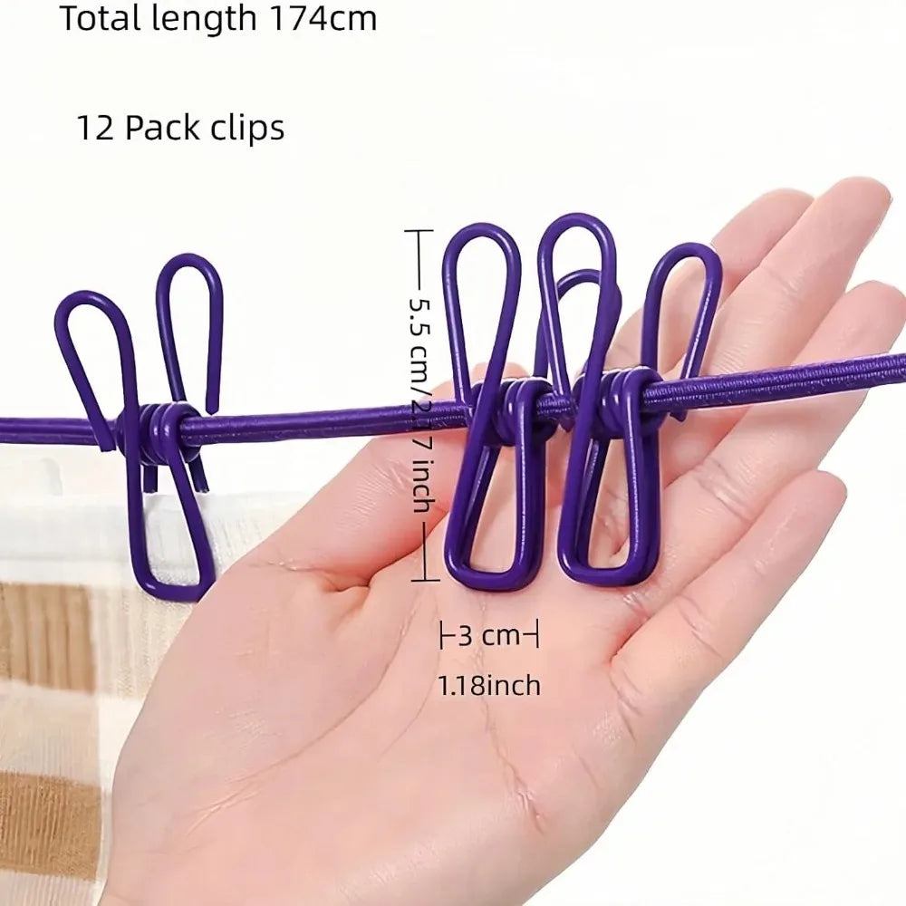 12 Non Slip Clips Windproof Elastic Travel Clothesline with Hook for Outdoor Camping Beach Dormitory RV Portable Drying Tools