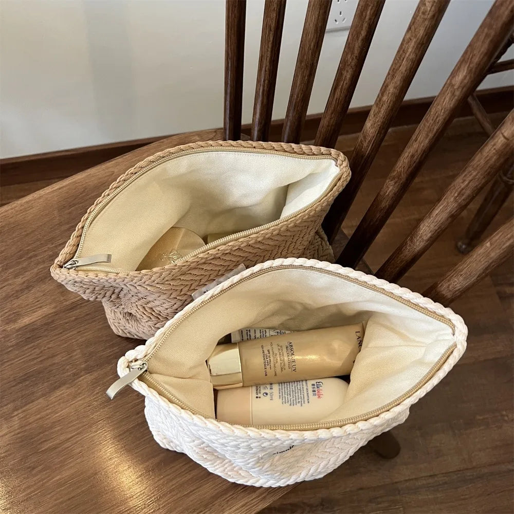 Simple Solid Color Woven Texture Clutch Bag for Woman, Fashion Rice Ear Pattern Large Capacity Makeup Bag, Portable Storage Bag