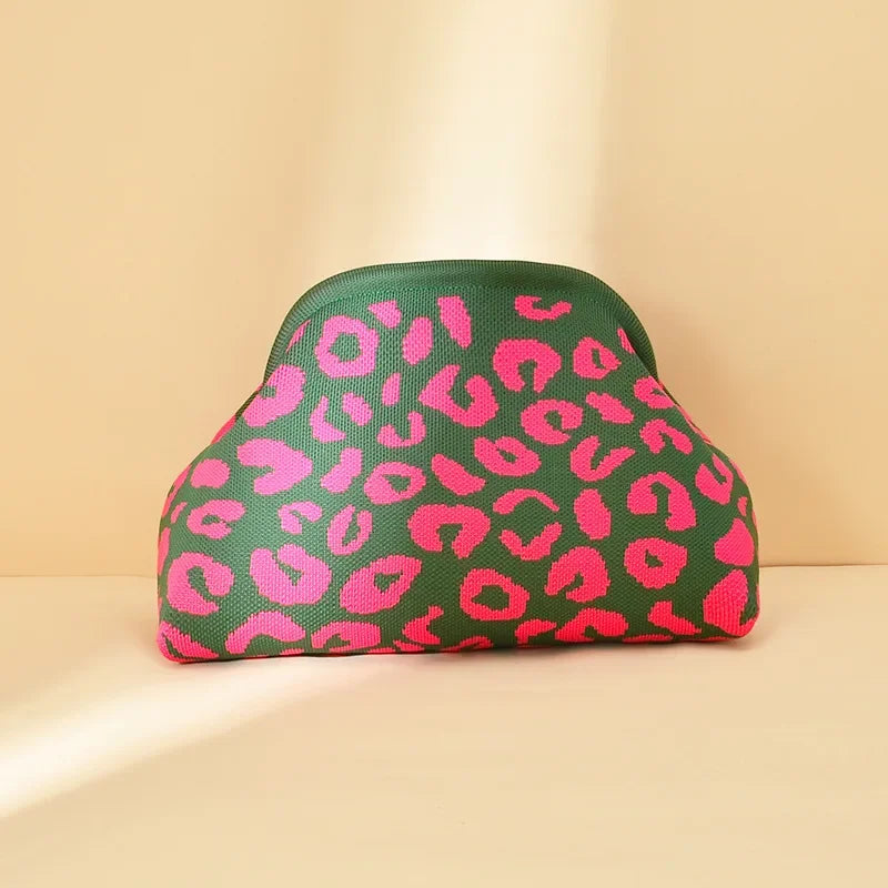 Leopard Print Knitted Clutch Bag Large Capacity Foldable Cloud Ruched Block Grid Clip Bag for Women Beach Crossbody Handbag