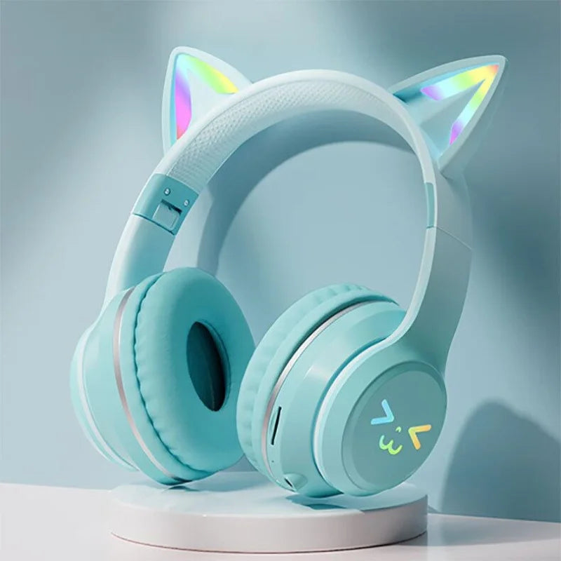 GRB Glow Gaming Headset Gamer Stereo Bass Cat Ear Wireless Earpods Bluetooth Earphones TYPE-C Cable Headphones Blutooth Handfree