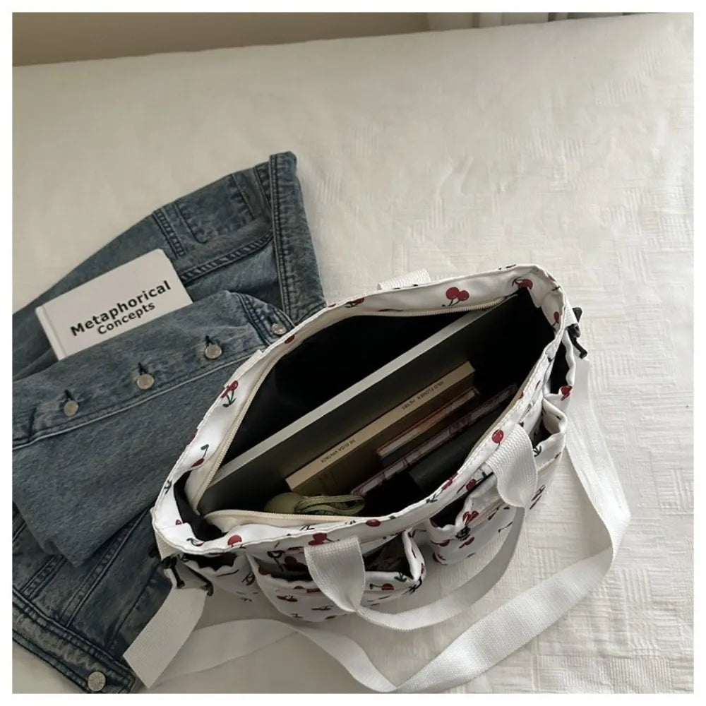 Casual Large Capacity Tote Bag Multi-Pocket Adjustable Strap Crossbody Bag Cherry Print Waterproof Shopping Bag