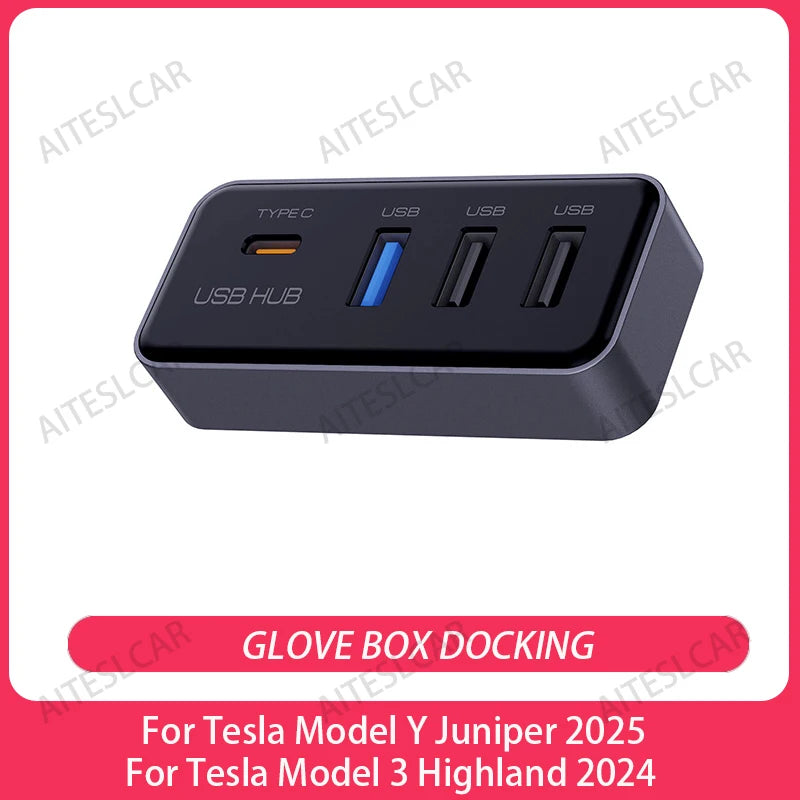 Docking Station USB Hub 4-in-1 for Tesla Model 3 Model Y Glovebox for Dashcam Flash Drive Charger Data Transfer Games Music