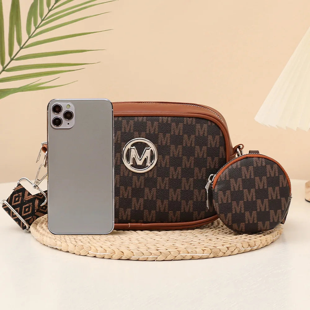 Vintage Letter-Printed Camera Bag for Women, Two-Piece Set, Stylish and Unique Shoulder Crossbody Bag with Wide Webbing Strap and Coin Purse