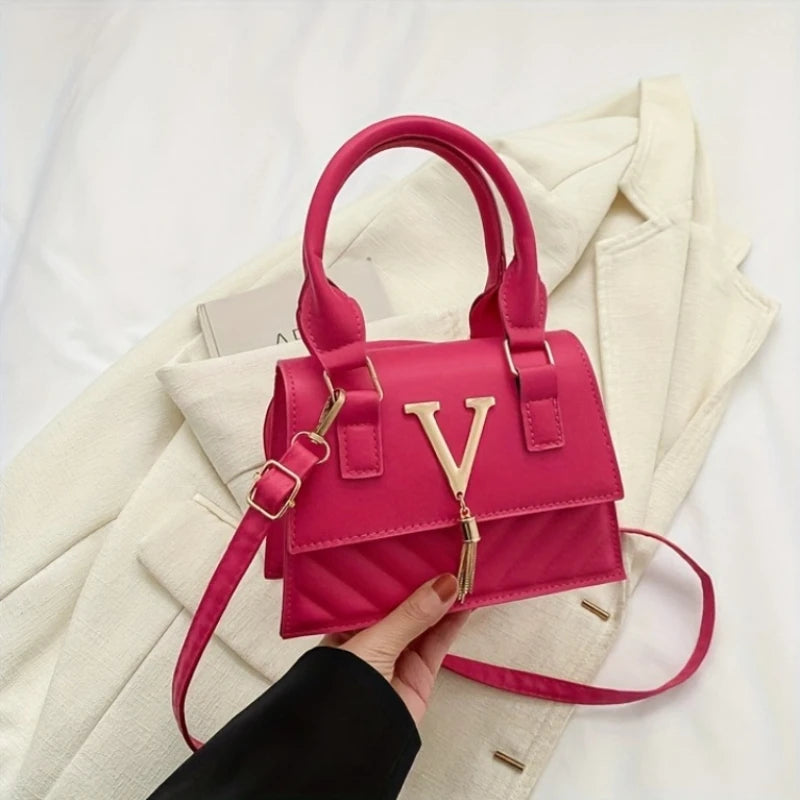 Fashion Quilted Top-Handle Bag, Gold V-Shape Tassel Hardware Satchel with Detachable Strap, Elegant Crossbody Purse for Women